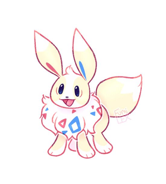 digital art of an eevee character named Cupcake, who is colored like togepi. He has very light blonde/yellow fur with white markings and ruff. Togepi eggshell markings also decorate his ruff, matching the red and blue colors alternating on his inner ears. His expression is an open-mouthed smile, looking very cheerful. 