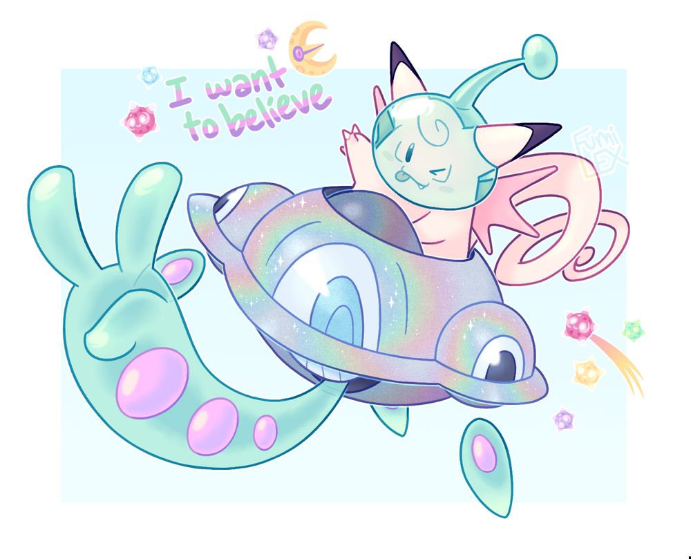 digital art of a Clefable oc, riding inside a Magnezone-based pokefusion (pokemon fusion). The Magnezone (named Ship) is covered in a shimmering, silver holographic effect with a blue colored middle eye. Emerging from its mouth hatch is a Reuniclus-like limb, green in color and with purple-pink orbs suspended within. Three more objects made of this same gel substance float along the bottom of Ship, mimicking the appearance of flames boosters. The top of Ship has an open hatch, with a Clefable sitting within (named Shoe), presumably acting as a pilot or passenger. Shoe has a sphere of the gel over their head, resembling a space helmet with a single antennae. Shoe has their hand up in a victory pose with their tongue sticking out and winking, and their long curly tail is unfurling behind them in a spiral pattern. In the background are small Miniors and a Lunatone with the text 'I want to believe'