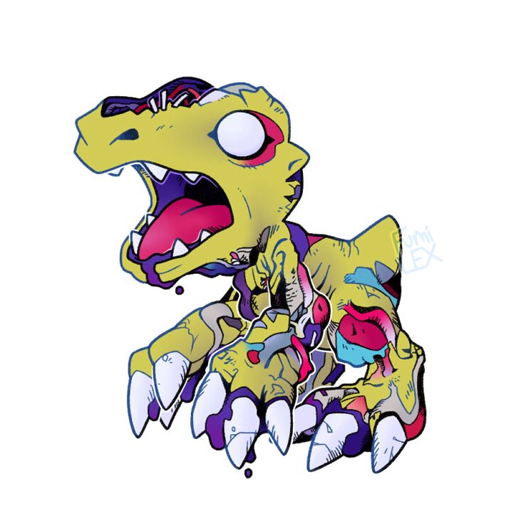 digital art of the digimon agumon, but it looks seriously messed up. Parts of its body look rotting in bright blues, reds, greys, and purple ooze. The pose and expression are zombie-like, its eyes rolled back and mouth agape in a silent scream 
