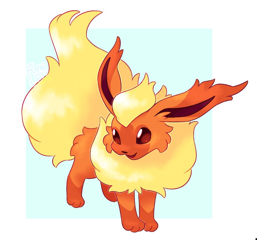 digital sketch of my pokemon oc, a Flareon named Cozy. She looks like a regular Flareon but with dark 'point' markings on her face, legs, and ear tips. She is posed standing with her head turned to the viewer, smiling sweetly. 