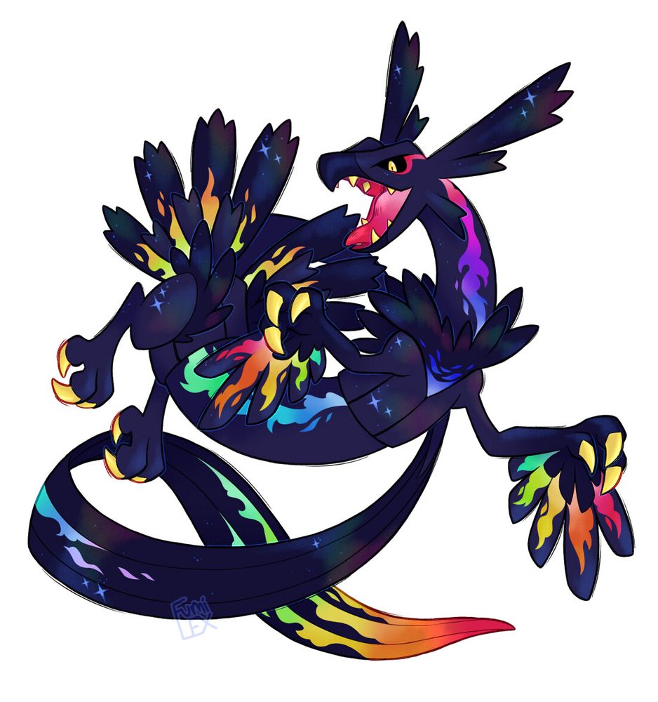 digital art of a pokefusion (pokemon fusion). Its base anatomy is Rayquaza with extra hind limbs. It has various feathers on its body inspired by ones found on Archeops, Ho-Oh, Articuno, and more. Its body is inky black/blue with rainbow flame-shaped markings and golden claws, teeth, and eyes. 