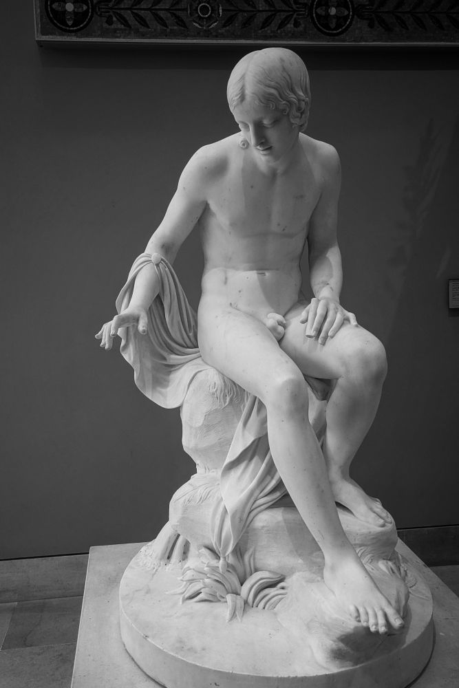 "Se voyant pour la première fois dans le cristal des eaux, il éprouve la surprise et le plaisir que lui cause sa beauté " (description du plâtre de Narcisse dans le livret du Salon de 1812
Assis, nu, la main gauche sur la cuisse et la main droite suspendue au-dessus de l'eau. Un tissu part de son poignet vers la rive sur laquelle il a posé son séant.