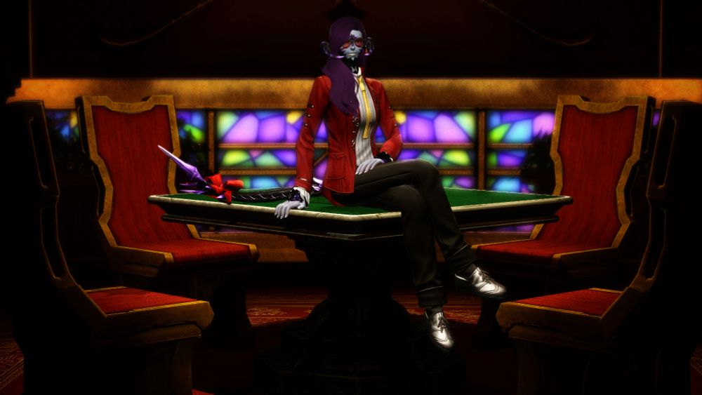 Alisea, my Au Ra, sits on top of a mahjong table in the Gold Saucer, illuminated by a spotlight from above, while the environment around her and the table remains dark.
She wears a red blazer with a yellow tie, black pants and shoes. Her outfit resembles that of Lupin III. - or Deltarune's Tenna, depending on your viewpoint.