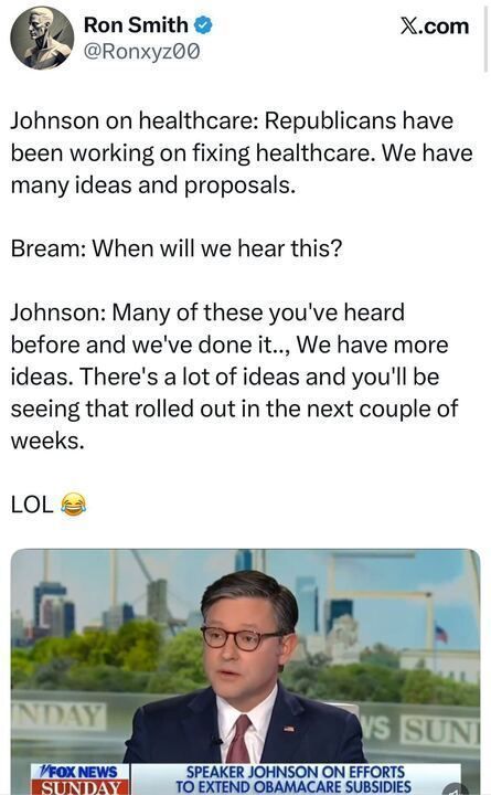 Ron Smith ®
@Ronxyz00
X.com
Johnson on healthcare: Republicans have been working on fixing healthcare. We have many ideas and proposals.
Bream: When will we hear this?
Johnson: Many of these you've heard before and we've done it.., We have more ideas. There's a lot of ideas and you'll be seeing that rolled out in the next couple of weeks.
LOL