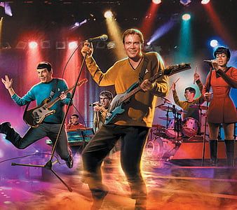 Illustration/Photoshop mashup of characters from Star Trek: The Original Series in goofy poses as a ’60s rock bad. Spock and Kirk on guitars; Chekov and Uhura on vocals; Sulu on percussion; Scotty on keyboards. One assumes Dr. McCoy is backstage preparing … post-show 