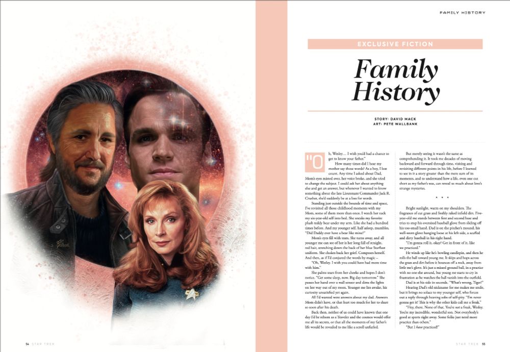 Thumbnail of the two-page spread of short story “Family History” in Star Trek Explorer magazine, issue 14. The left page is key art by Pete Wallbank, showing a middle-aged Wesley Crusher alongside images of his parents, Lt. Jack Crusher and Doctor Beverly Crusher, as youthful adults. On the right, too small to read, is the first page of text from the story.