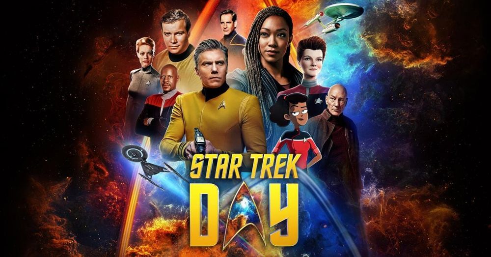 A collage of Star Trek characters and ships from across the franchise’s 59-year history, above the text STAR TREK DAY with a Starfleet delta symbol replacing the 