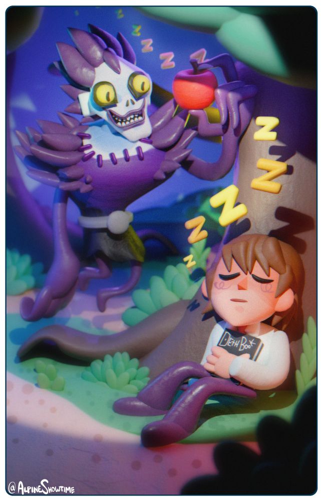 Ryuk eating an apple while light is sleeping, DethBook is written on the deathnote