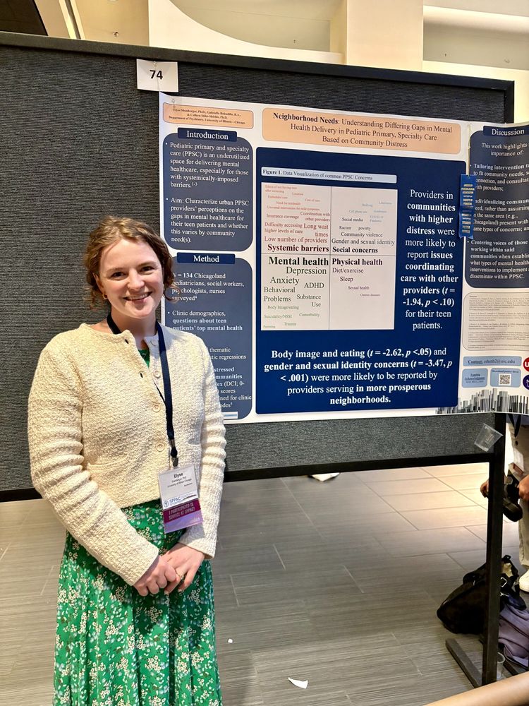 Elyse poses in front of poster titled "Neighborhood Needs: Understanding Differing Gaps in Mental Health Delivery in Pediatric Primary, Specialty Care Based on Community Distress"