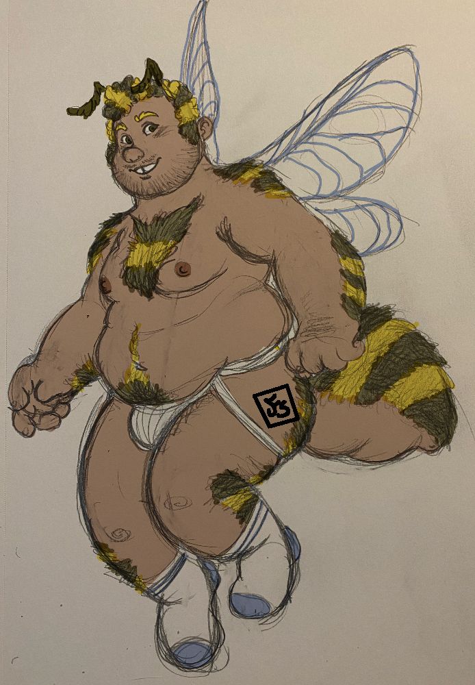A hastily sketched drawing of a chunky, fuzzy guy with bumblebee traits - antennas, bee wings, and an bulbous abdomen. He’s nude aside from a jockstrap and a pair of crew socks. #tf #partialtf #xeno-art 