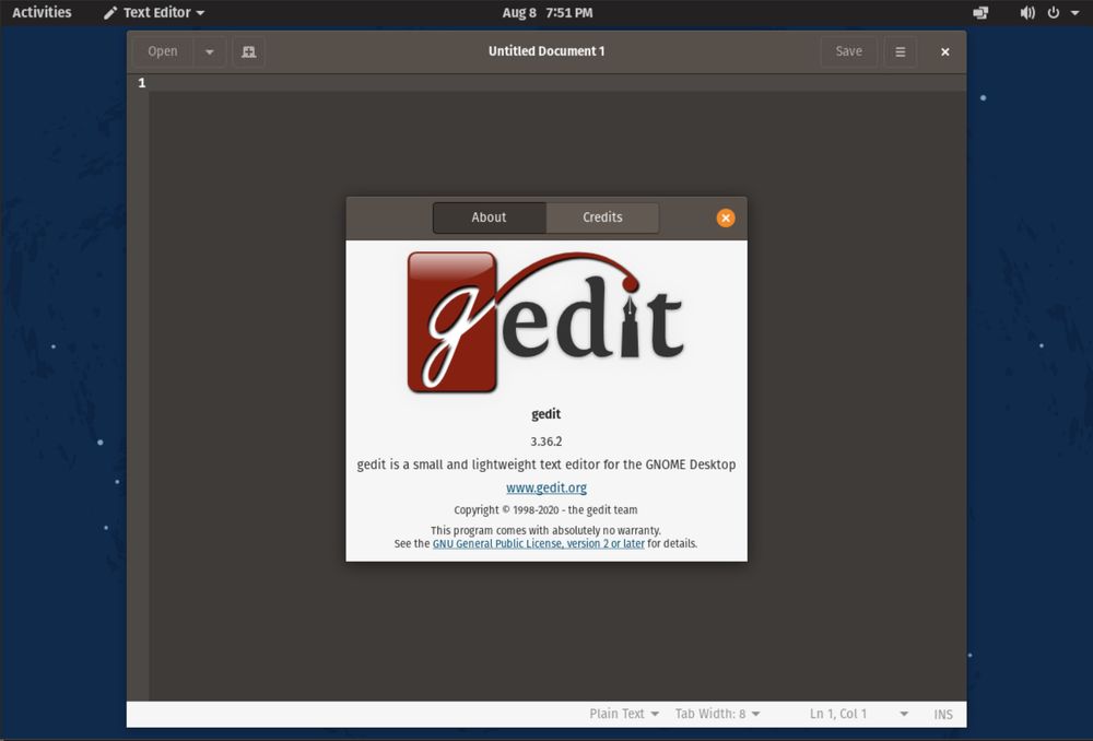 Pop!_OS 20.04 LTS with gedit text editor