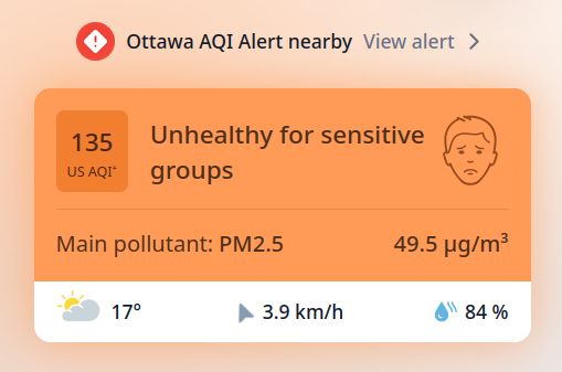 Ottawa air quality now 135 (Unhealthy for sensitive groups)