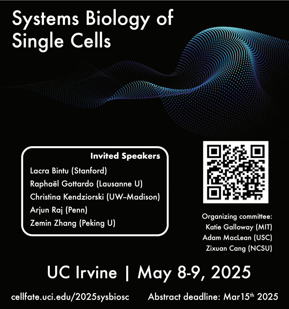 A flyer depicting a complex behaviors arising from cells, with the text:
Systems Biology of Single Cells

https://cellfate.uci.edu/2025sysbiosc

**Invited speakers** 
- Lacra Bintu (Stanford University)
- Raphaël Gottardo (Lausanne University)
- Christina Kendziorski (University of Wisconsin—Madison)
- Arjun Raj (University of Pennsylvania)
- Zemin Zhang (Peking University)

## Important Information
- **Registration Deadline:** March 15th, 2025
- **Registration Fee:** $100 USD
- **Location:** UC Irvine, CA, USA

Registration includes full access to all conference sessions, breakfast, lunch, conference reception and dinner, and refreshments throughout both days.

https://cellfate.uci.edu/2025sysbiosc/