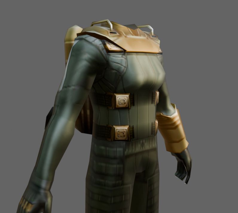 screenshot of blender with the torso model for the demonica outfit in shin megami tensei 4. the outfit is a thick green bodysuit that looks to be rubber, with wide straps and gold accents, especially around the large metal seating for the helmet. i've removed the front pockets and pouches, formed breasts from the chest, and made the square bevels 3D.