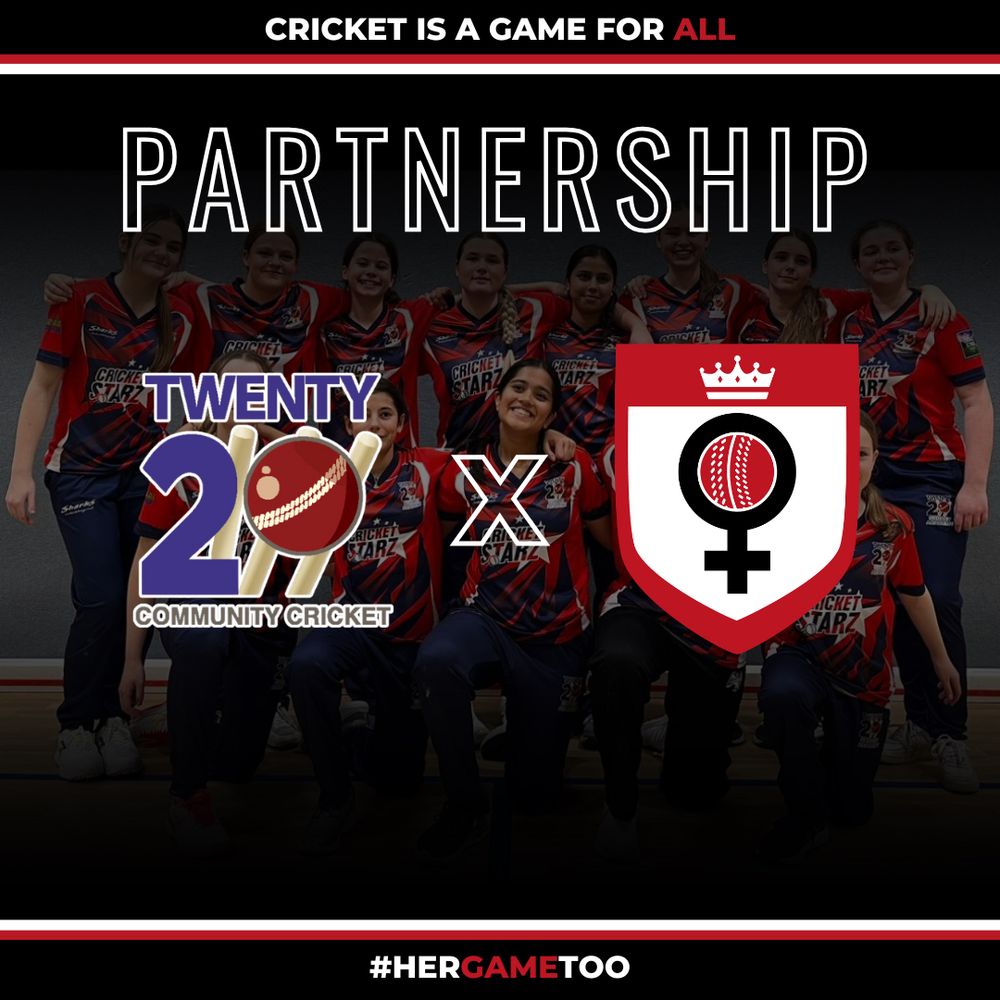 PARTNERSHIP.

T20 Cricket Community (logo) x Her Game Too Cricket (logo).

Cricket is a game for all.
#HerGameToo.