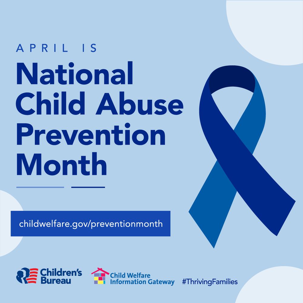 Light blue background with dark blue text stating April is child abuse prevention month. The website childwelfare.gov/preventionmonth is highlighted