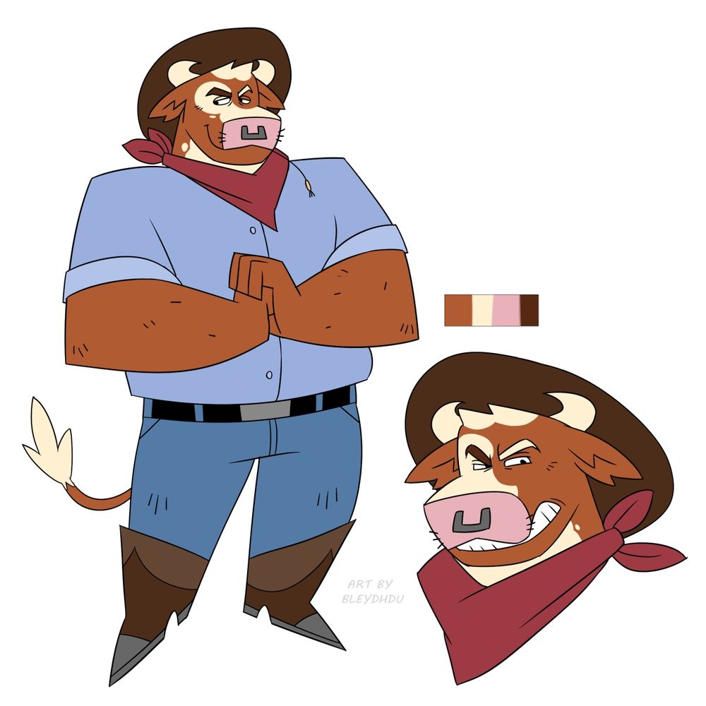 A butch bovine in western wear.