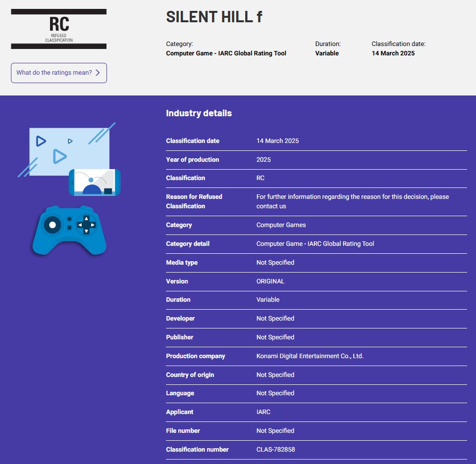 SILENT HILL F (2025)  - Refused Classification in Australia – Old rating
