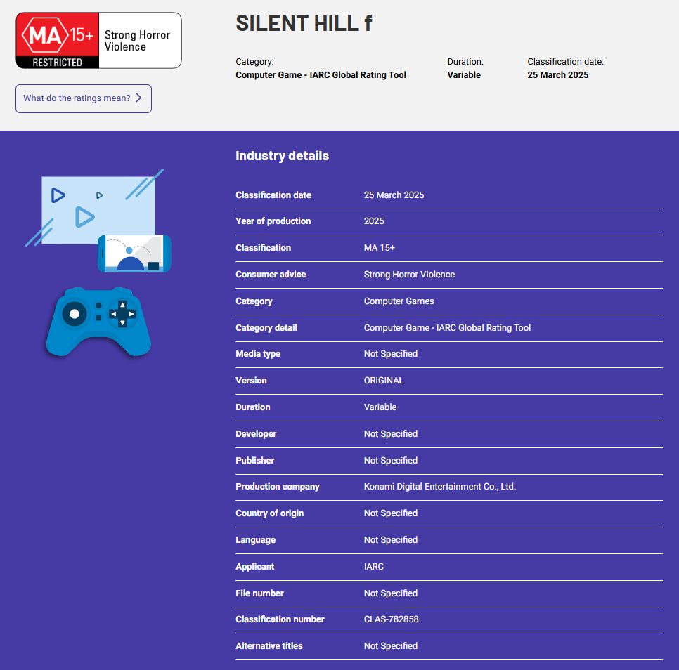 SILENT HILL F (2025)  - MA15+ (Strong Horror Violence) in Australia – New rating