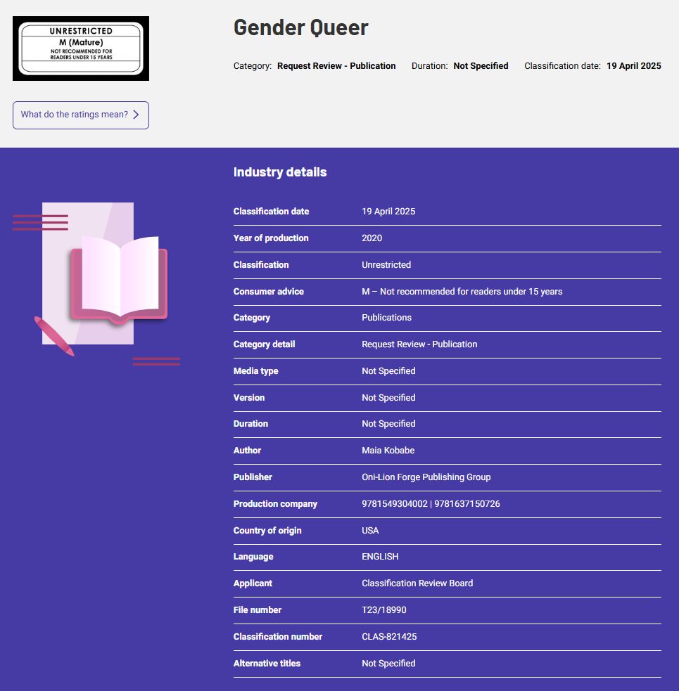 Gender Queer: A Memoir (2019) by Maia Kobabe - Unrestricted rating - Australian Classification Review Board 
