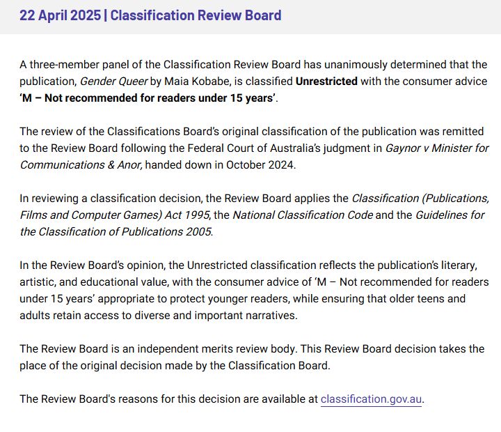 Gender Queer: A Memoir (2019) by Maia Kobabe - Unrestricted rating - Australian Classification Review Board - Media Release
