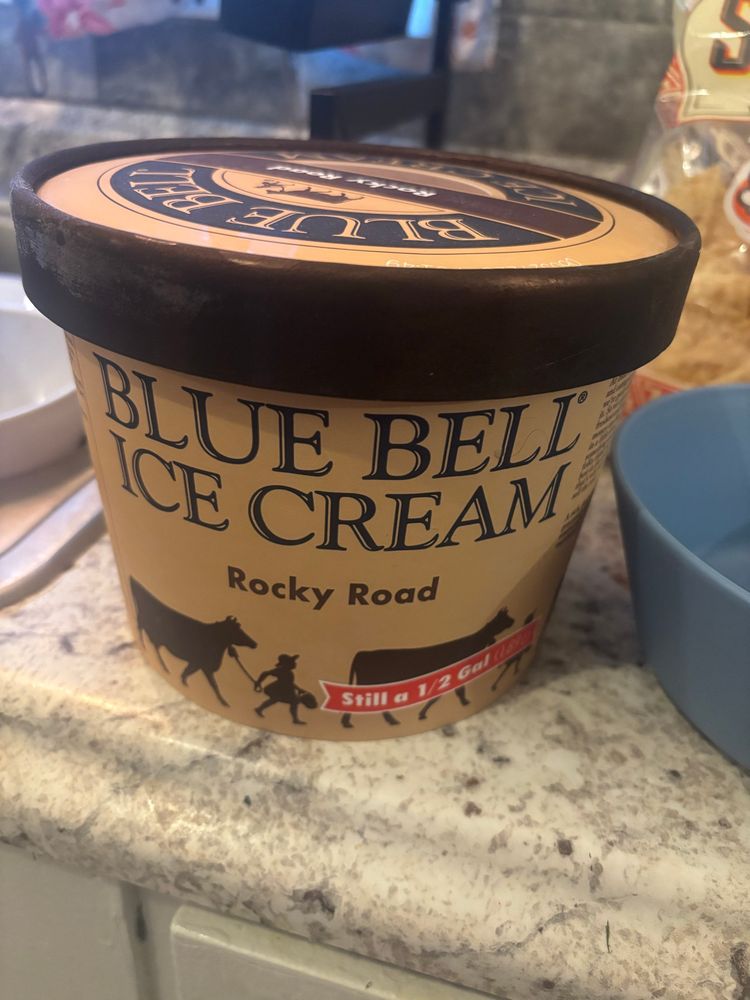 Photo of a half gallon of blue bell ice cream in Rocky Road flavor