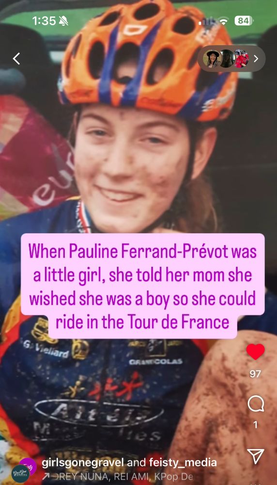 Pic of PFP as a teen and the words, “When Pauline Ferrand-Prévot was a little girl, she told her mom she wished she was a boy so she could ride in the Tour de France”