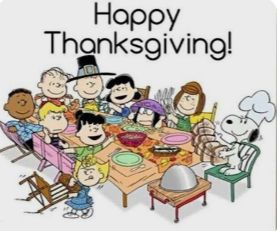 Pic of the Peanut’s cartoon characters around the table for Thanksgiving.