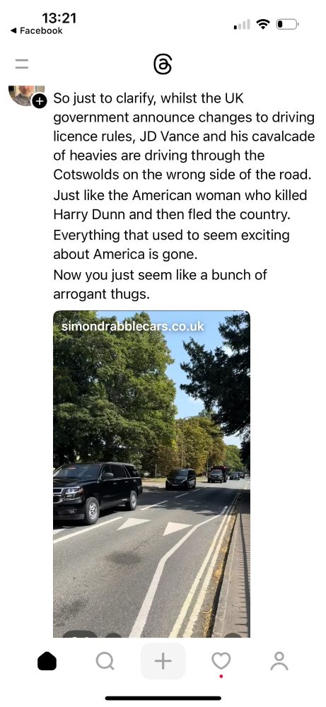 image shows JD Vance convoy driving on the right hand side of the road during his current visit in England.