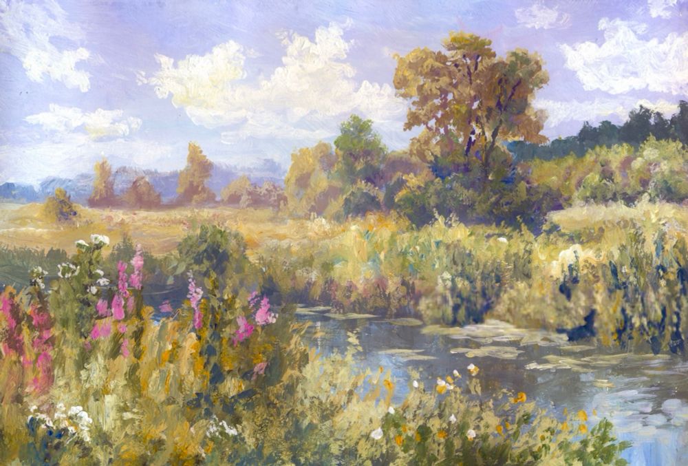 a painting of a river running through tall grass, with lavender growing on one side and trees on the other. the sky is light blue and there are fluffy clouds