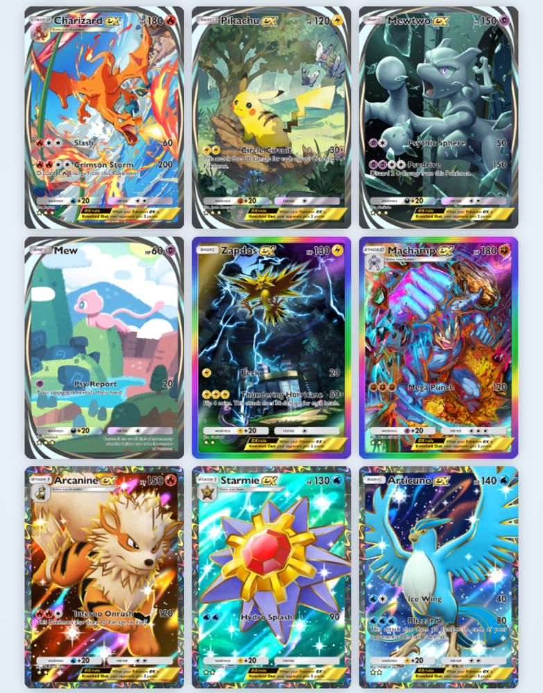 Pokémon TCG Pocket app screenshot. Top nine cards in collection when sorted by rarity descending. Charizard EX, Pikachu EX, Mewtwo EX, Mew, Zapdos EX, Machamp EX, Arcanine EX, Starmie EX, Articuno EX