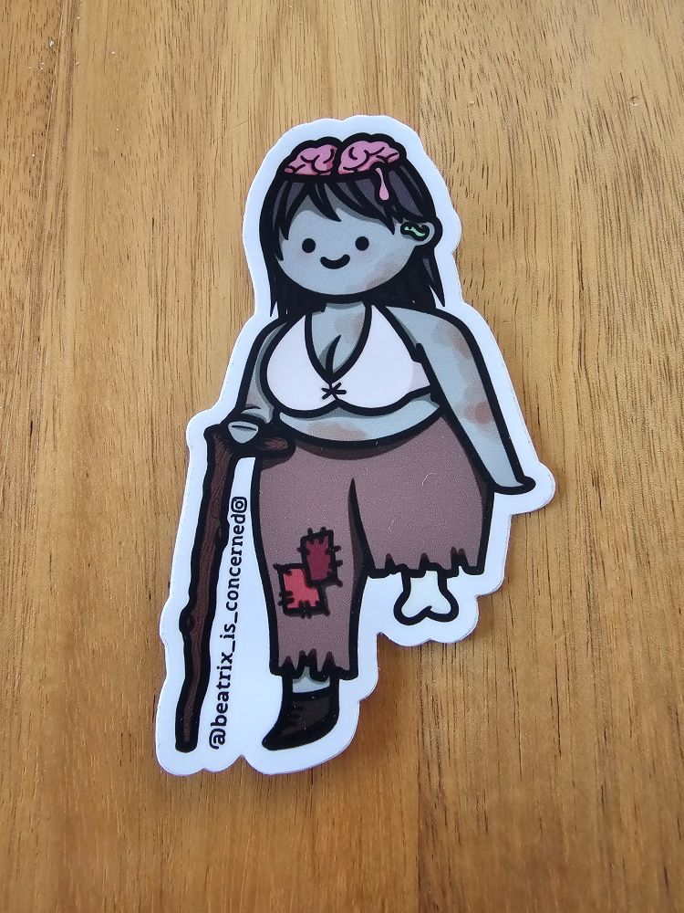 A zombie lady with one leg and a walking stick. Top of the skull removed with brains exposed. A little green worm crawls into the left ear. 