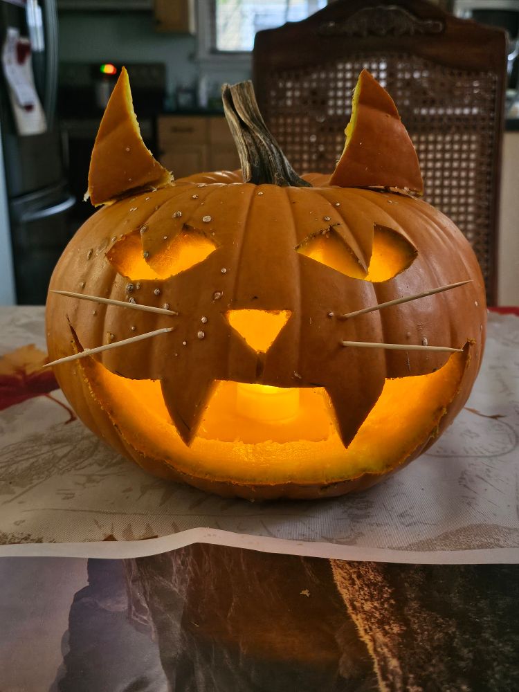 A cat like face carved in a pumpkin, topped with cat like ears and toothpicks for whiskers around the nose. The overhead light is off and the led candle is on in the pumpkin 