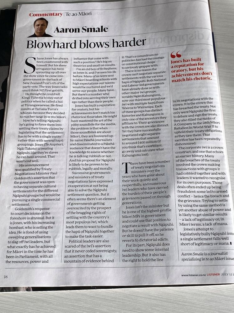 screenshot of an opinion piece by Aaron Smale in The Listener that excoriates Jones for his fumbled dealings with Māori, and his efforts to bundle all Ngapuhi hapu into a single negotiation will do as badly as everything else he's done. 