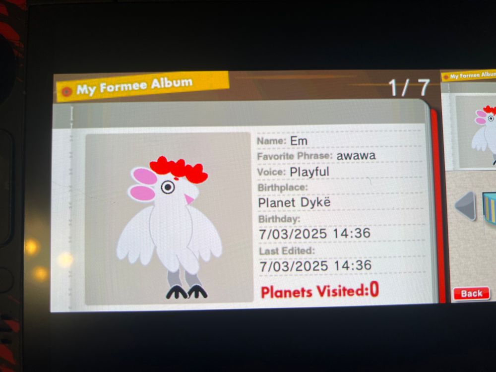 My Formee Album 1/7
Name: Em
Favorite Phrase: awawa
Voice: Playful
Birthplace:
Planet Dykë
Birthday:
7/03/2025 14:36
Last Edited:
7/03/2025 14:36
Planets Visited: 0