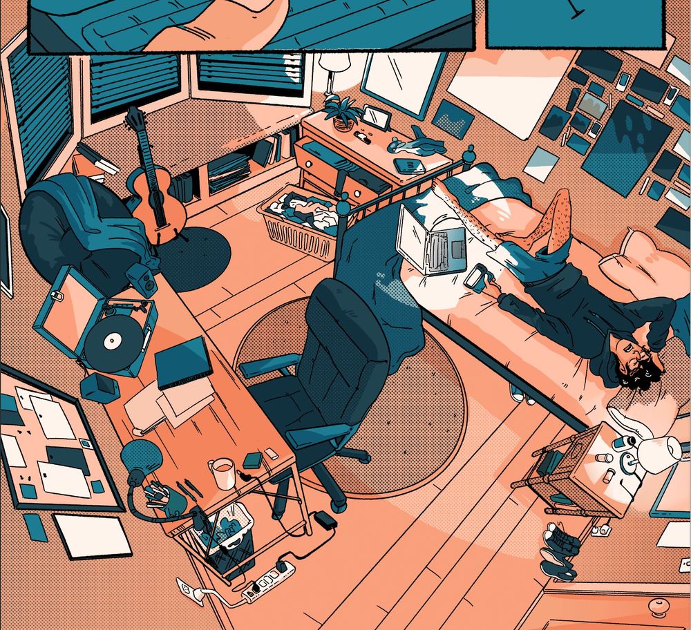 An illustration of bird’s eye view of a bedroom. Prominently featured is a desk with a record player on it, a young man laying on the bed illuminated by a computer screen, and several posters on the wall. The illustration is rendered in shades of orange and blue.