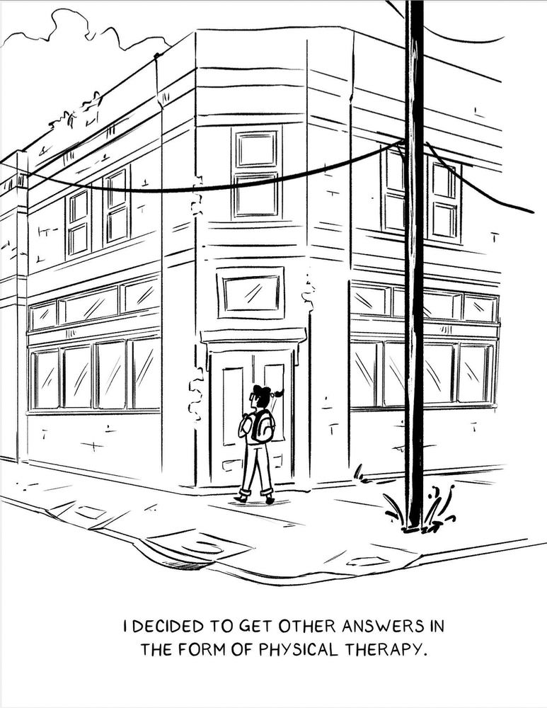 The character stands at a corner-facing two story brick building with a telephone pole in front of it. Caption: “I decided to get other answers in the form of physical therapy.”