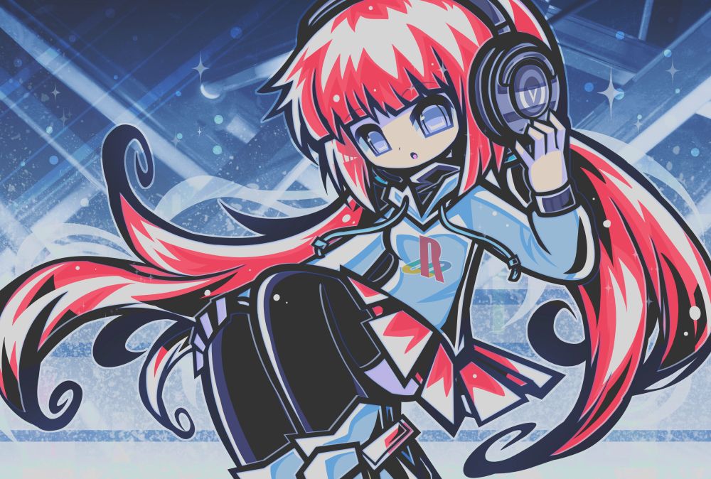 Illustration of Ravestation's mascot character. She is sitting and listening to her favourite tunes!