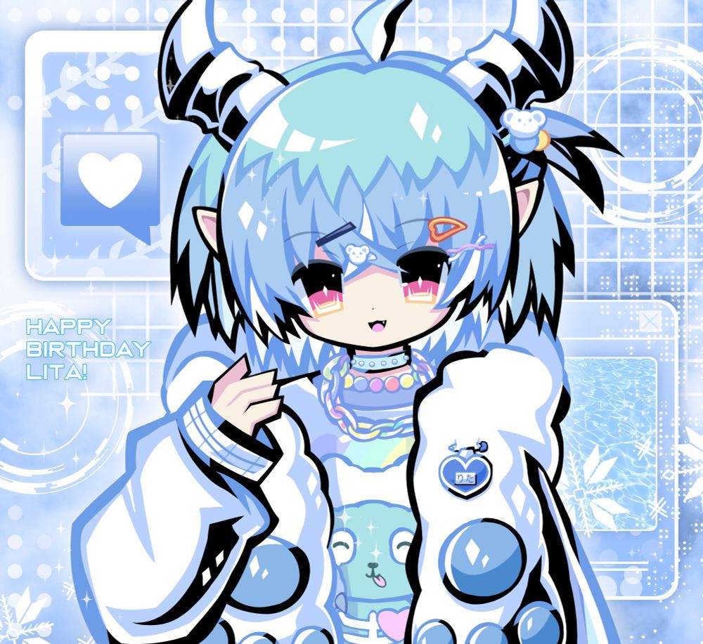 Illustration of LitaSea's vtuber avatar that I drew for them as a gift! The character is looking at the viewer as if to greet them. There is a lot of blue colours while the background has web themes and Mizuiro elements. There is a text to the left saying "Happy Birthday Lita!"