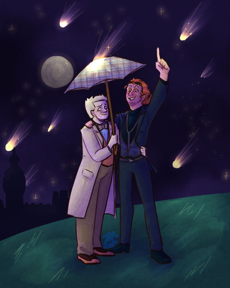 Fanart of Aziraphale and Crowley standing under a tartan umbrella under a nightsky full of stars. They're on a grassy hill with London in the background. Crowley is pointing up to the sky while Aziraphale looks at Crowley in absolute adoration.