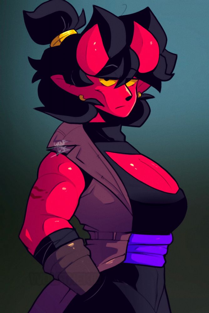 A digital drawing of a character with black hair tied up into a bun, and thick red horns. She wears a long purple toned leather coat over a dark sleeveless turtle neck and baggy black pants that are separated by a bright purple sash. She wears leather gloves and dark bandages. She stares at the viewer with a blank expression.