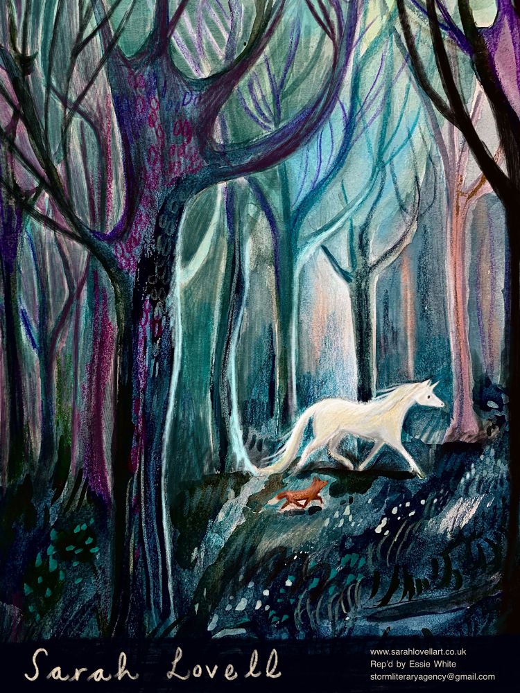 A kidlitart postcard featuring a unicorn and a fox in the forest 