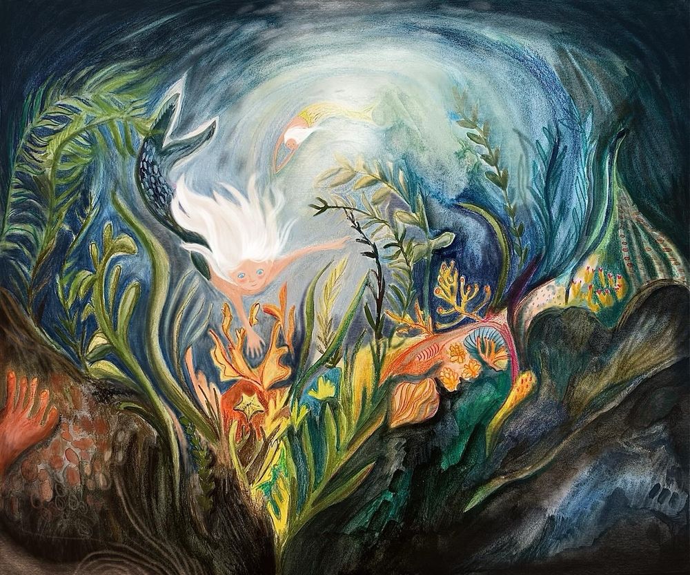 Illustration of an underwater world with two mermaids and coral and seaweed 