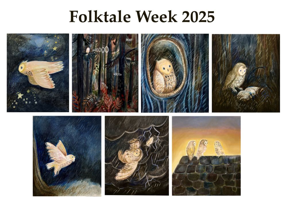 Illustrations of a story of an owl for folktale week 2025 