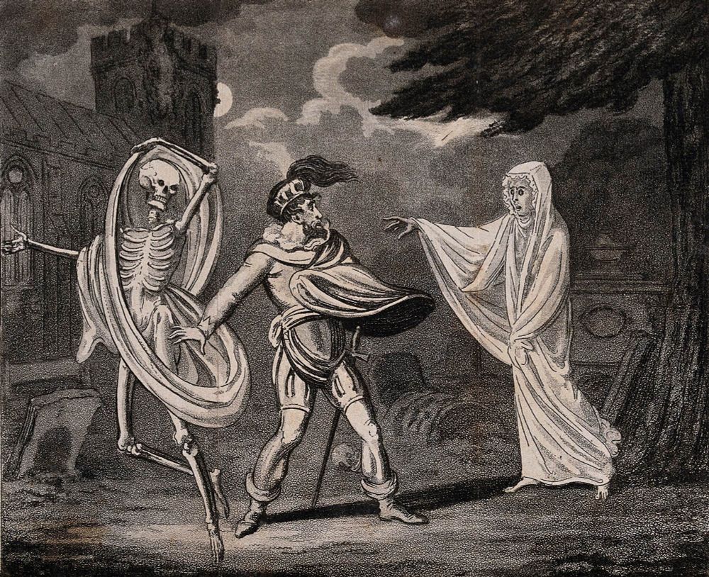 A man in armour is confronted by a ghost and a skeleton