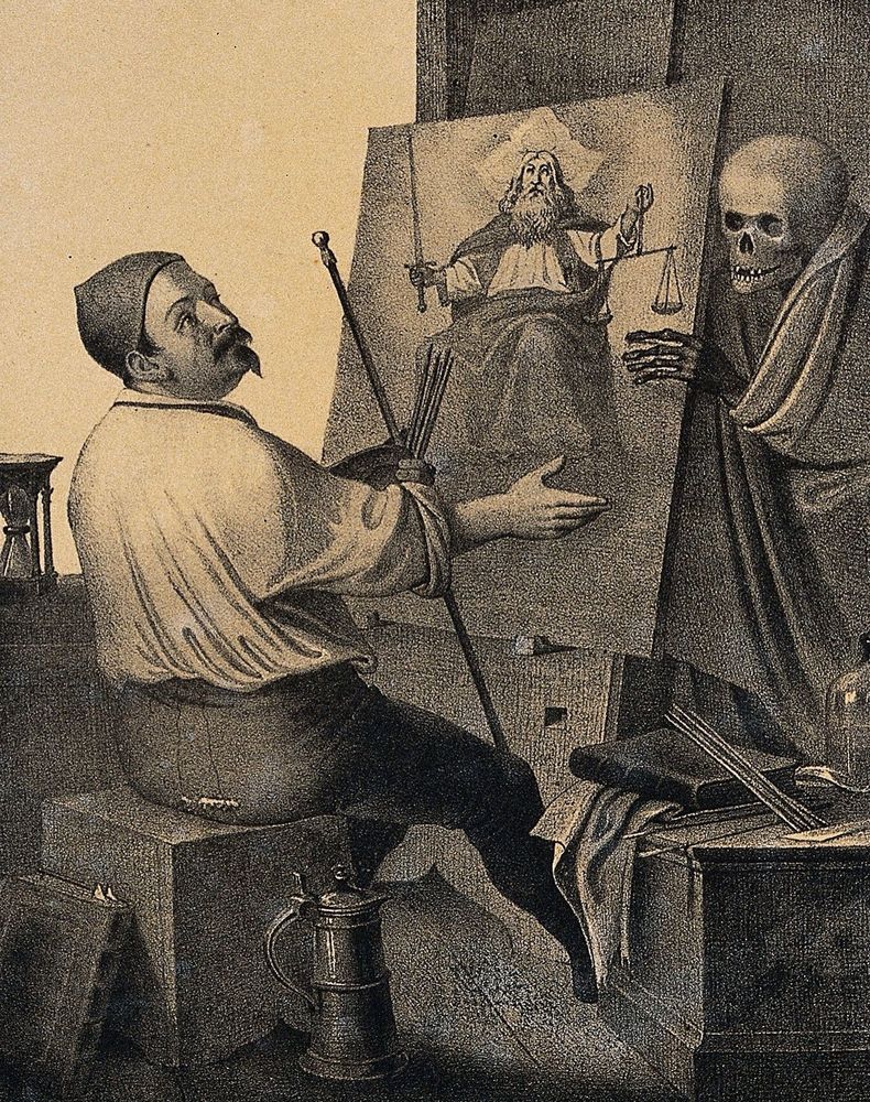 etching: a man in front of a painting, behind the canvas hides a skeleton