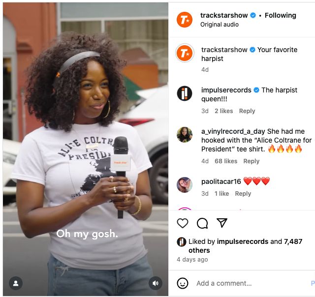 Impulse jazz harpist Brandee Younger wearing a t-shirt that says "Alice Coltrane For President" on the "name that tune" styled Track Star* internet show - she sure knows her 70s soul music!
