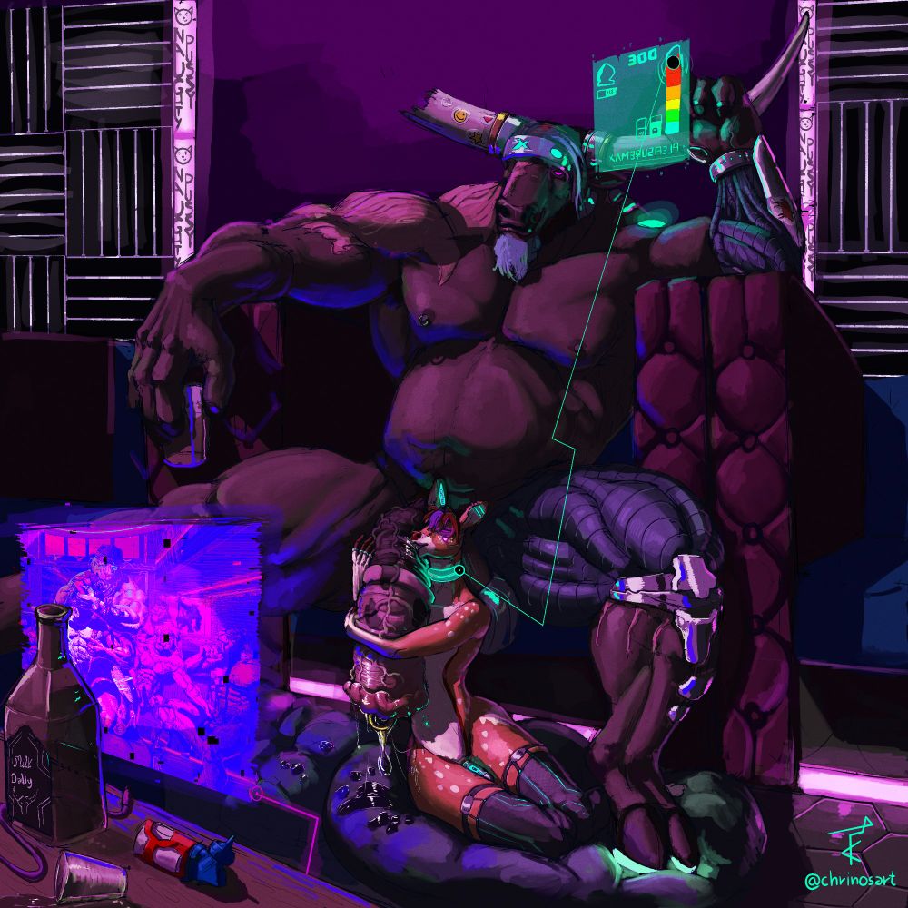 A massive bison minotaur with cyberpunk limbs has his huge cock worshipped by a feminine deer twink.
The dick is leaking all over the place.

They're watching a porn scene of a sabretooth orgy. 