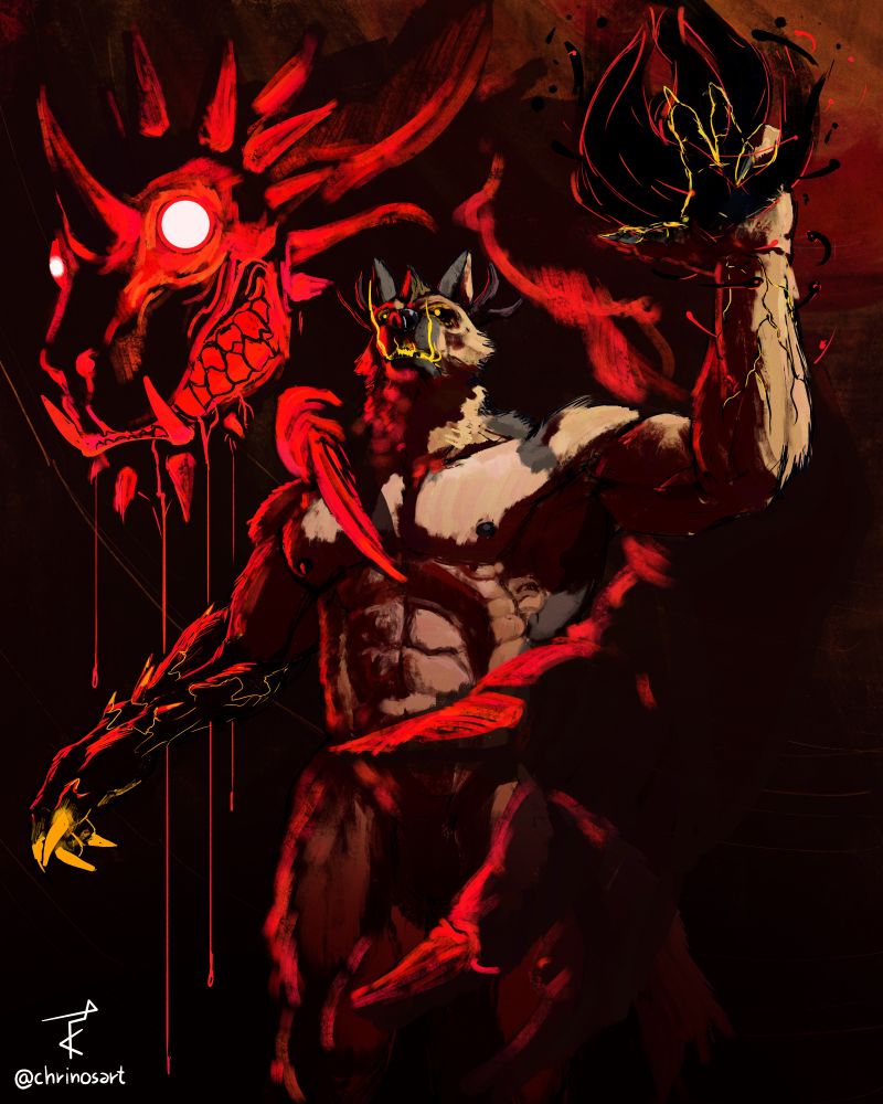 A warlock wolf with his fiend patron behind him