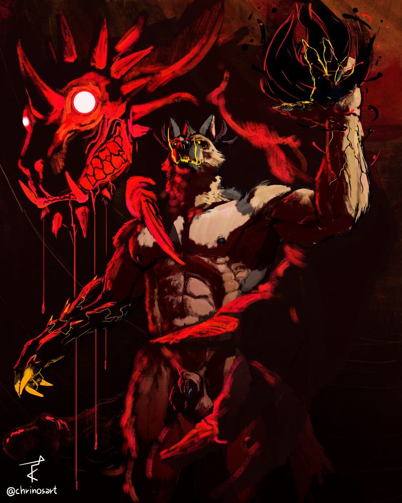 A warlock wolf with his fiend patron behind him.
You can see his right arm has been replaced with a demonic arm. He's naked and his heavy sheath is in view between the fingers of the demon who's sporting a massive erection in the background